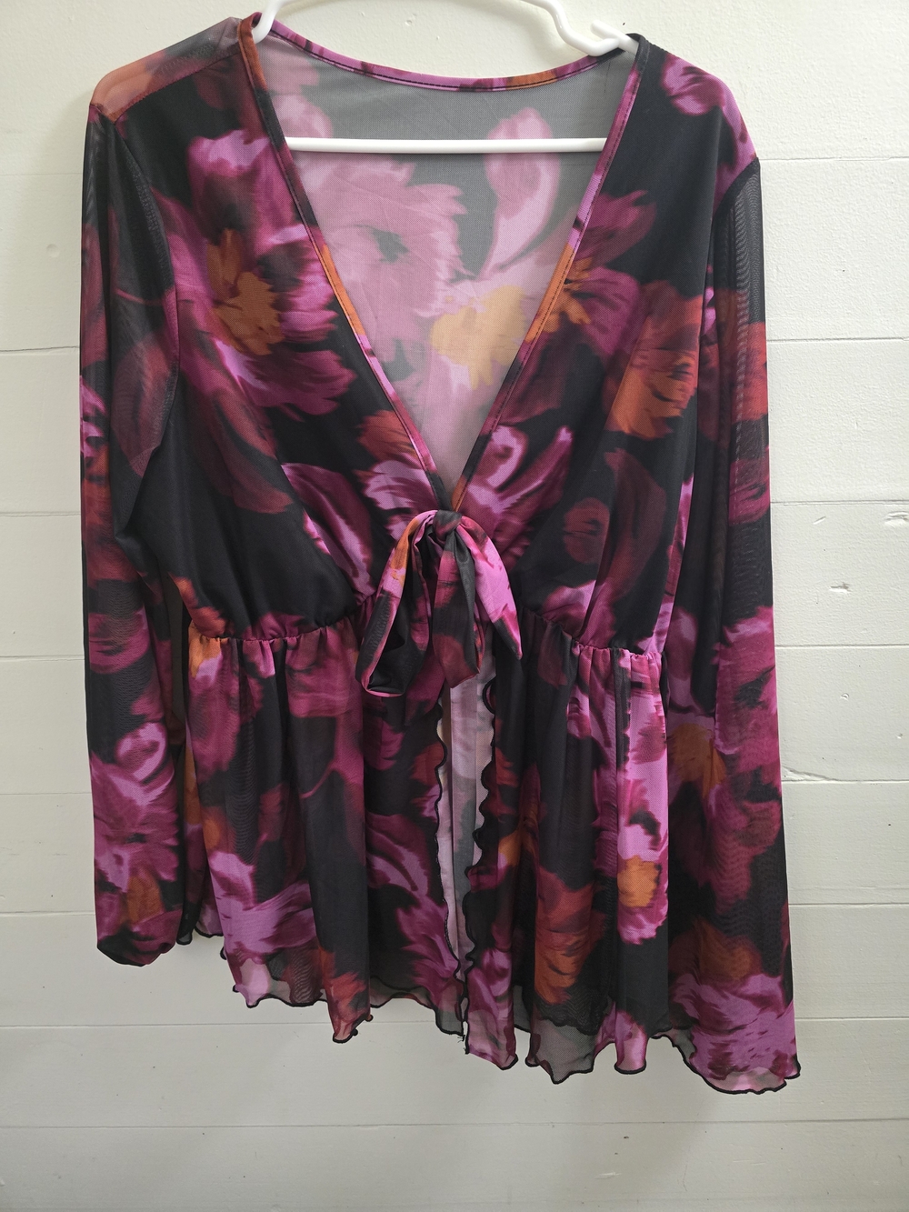 Sheer Floral Tie-Front Blouse in Black with Pink & Orange Flowers